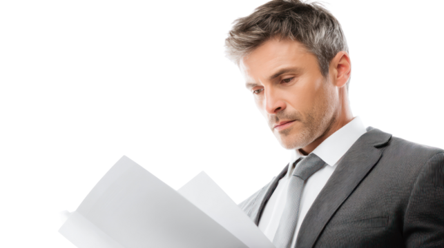 Businessman reviewing documents, isolated on white background.