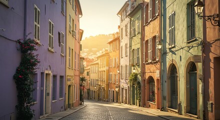 Pastel-Colored Mediterranean Street: A Golden Hour Vista