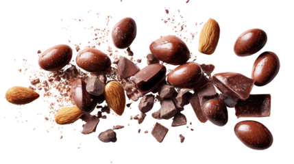 Chocolate almonds and pieces scattered on a black surface.