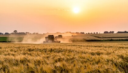 Fototapeta premium Harvesting golden wheat fields at sunset with combine harvesters, vibrant colors