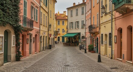 Fototapeta premium Charming Pastel-Colored Street in a European Town: Cobblestone Pathway, Quaint Shops, and Serene Atmosphere