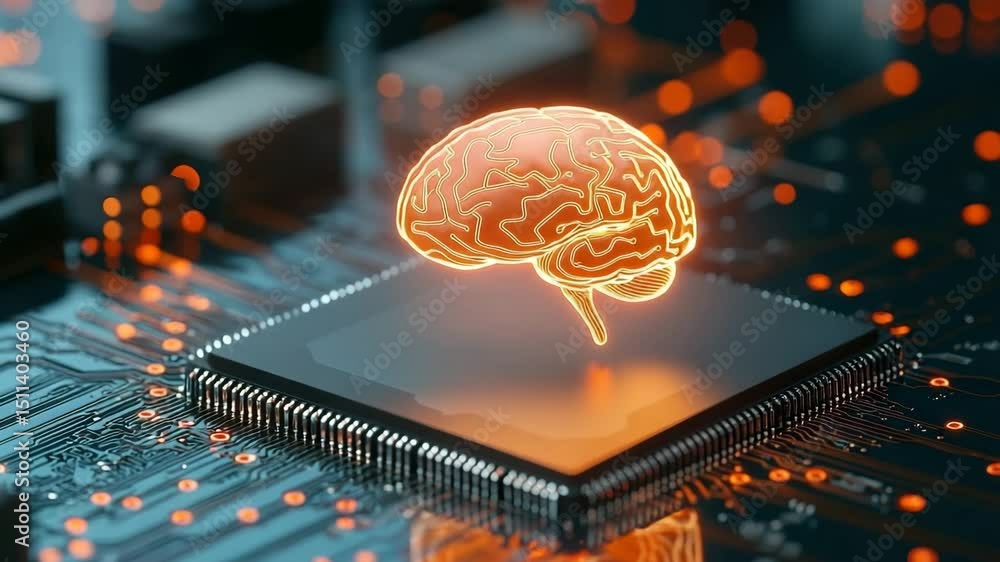 Poster artificial intelligence brain glowing above microchip, symbolizing advanced technology, innovation, 