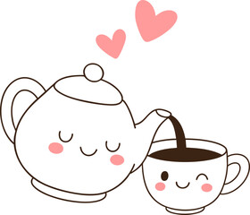 Cute teapot and cup with hearts, expressing love for tea time