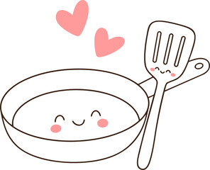 Cute frying pan with smiling face and spatula, surrounded by hearts, expressing joy in cooking