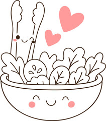 Cute illustration of salad bowl with smiling vegetables and hearts, perfect for kitchen lovers
