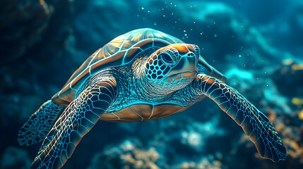 Fototapeta premium Close-up view of a sea turtle underwater.
