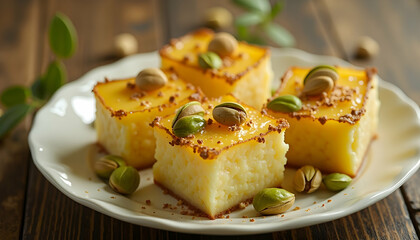 Sweet Golden Cake Squares Topped with Pistachios on Rustic Wood