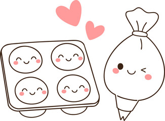 Cute baking tools with smiling faces and hearts express joy in kitchen