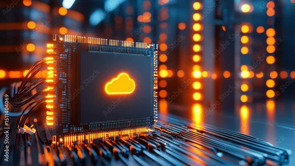 Aufkleber cloud computing technology and microchip innovation with glowing cloud icon, futuristic server room,