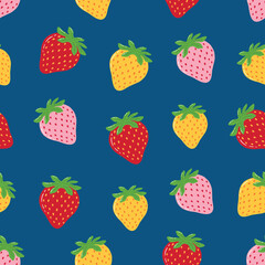 Seamless Hand Drawn Mixed Strawberries Pattern Design Blue Background