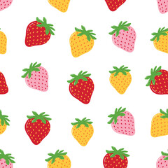 Seamless Hand Drawn Mixed Strawberries Pattern Design White Background
