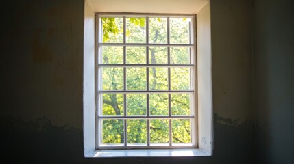 Fototapeta premium White Gridded Window View Lush Green Trees Outside, indoor, jail window