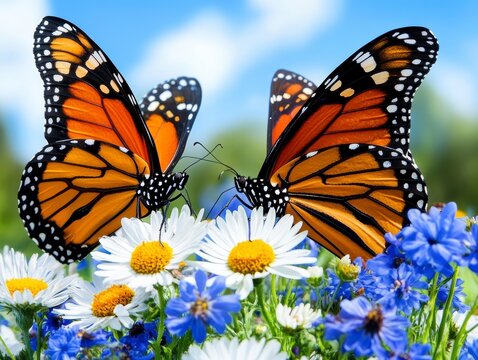 Two Monarch Butterflies on Daisies and Blue Flowers in a Sunny Meadow