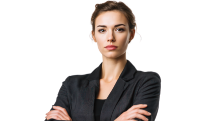Confident businesswoman with arms crossed, isolated on white background.