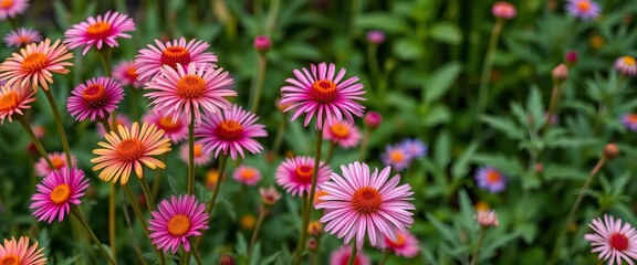 Vibrant asteraceae flowers wallpaper pattern in garden setting,  plant,  pink