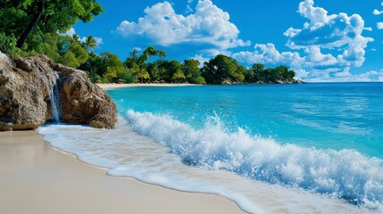 Stunning Tropical Beach Scene Crystal Clear Water, White Sand, and Lush Greenery
