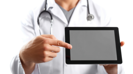 Doctor holding a tablet, isolated on white background.