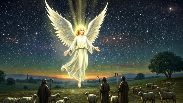 Angel appears to shepherds in a field at night
