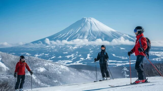 Three skiers in warm gear pause to admire the stunning scenery on the slopes, with Mount Fuji in the background under a clear blue sky, creating a perfect winter sports scene of adventure