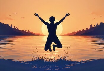Silhouette of a person jumping into water at sunset, creating joyful splashes