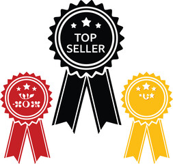 Colorful Top Seller Award Ribbons in Black Red and Gold