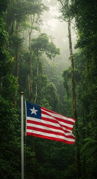 Waving Liberian Flag Symbolizing Liberty Over the Dense Tropical Rainforest of Sapo National Park