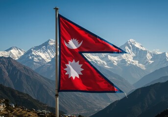 Waving Unique Nepali Flag Symbolizing Himalayas Against the Majestic Peaks of Mount Everest Range