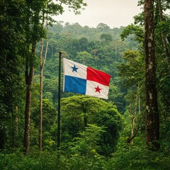Waving Panamanian Flag Symbolizing Crossroads of Worlds Over the Dense Tropical Rainforest Landscape
