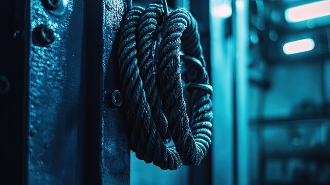 Heavy-duty industrial ropes coiled near a metal anchor point on a high-rise building