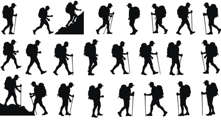 Collection of Hikers Silhouettes Diverse Hiking Poses and Backpacks for Design Projects