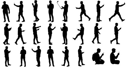 Collection of Diverse Male Silhouettes Using Smartphones Poses and Activities