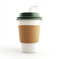 A Steaming Cup of Coffee in a White Paper Cup with a Brown Cardboard Sleeve and Green Lid Against a White Background