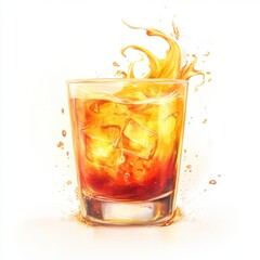 Amber Whiskey Cocktail in Rocks Glass with Ice Cubes Splash