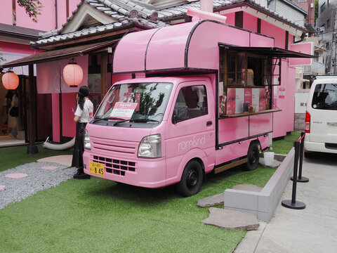 TOKYO, JAPAN - May 29, 2025: Food truck at a Rom&nd Pink Office pop-up store at Unknown Harajuku in Tokyo.