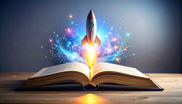 A book opens with a rocket taking off from its pages into a magical, starry sky, symbolizing imagination and knowledge.