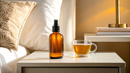 Glass tea cup and amber spray bottle on nightstand in cozy bedroom with warm lighting
