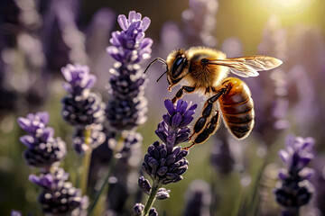 A vibrant honeybee perched on a blooming lavender flower.