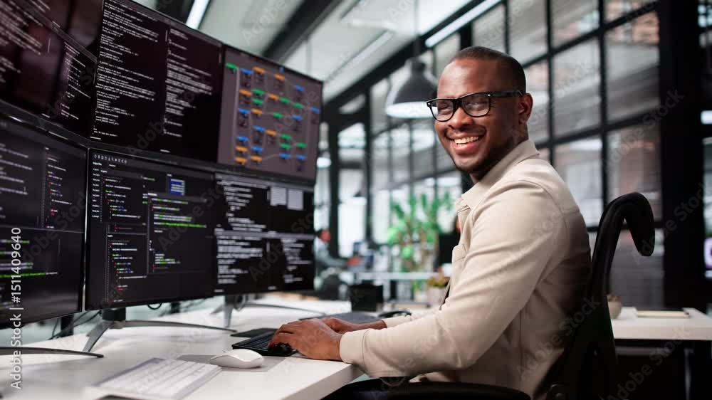 Fototapete african-american man coding web software as developer