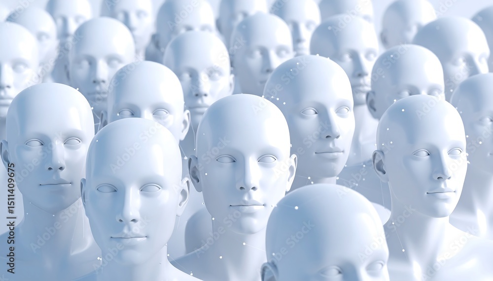 Poster array of identical white human heads with network connections, representing artificial intelligence,