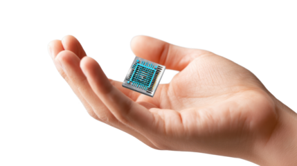 Hand holding a computer chip against a white isolated background.