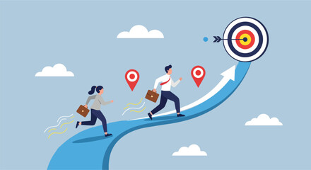 Vector illustration of a business team running along a project timeline roadmap, symbolizing project planning, progress tracking, and action planning for strategic business development.