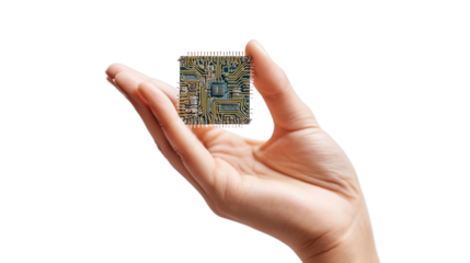 Hand holding a microchip, isolated on white background