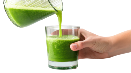 Hand pouring green smoothie into glass, white isolate background.