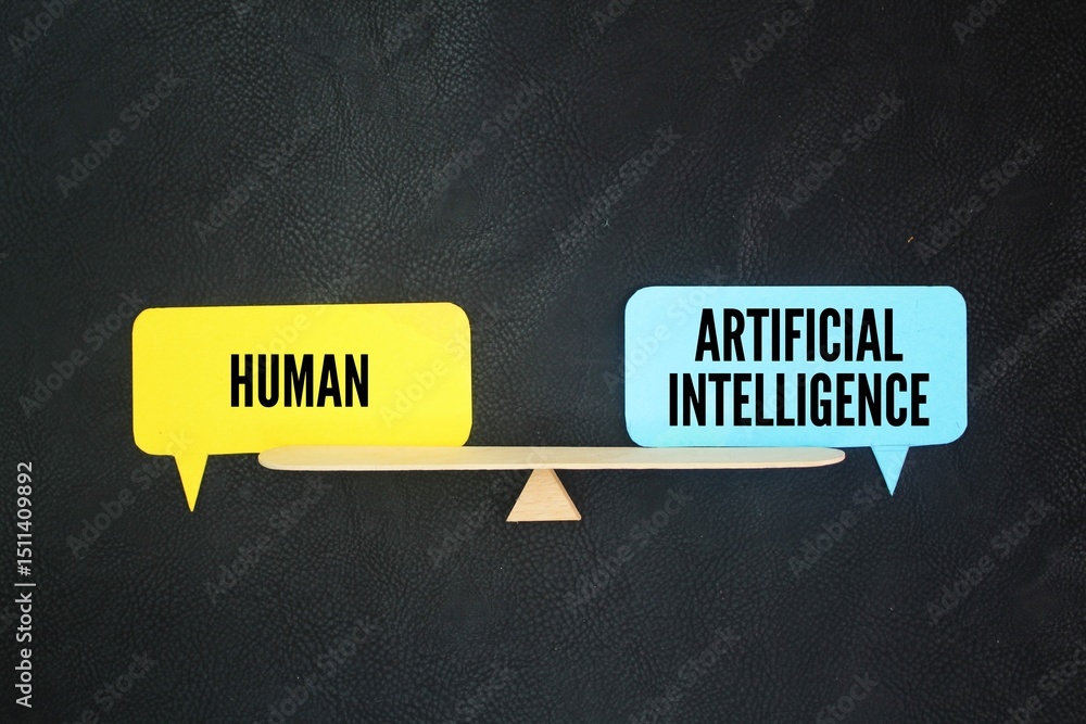 Poster the balance between the words human vs. artificial intelligence. the balance between humans and ai. 