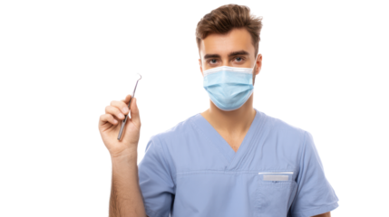Healthcare professional wearing a mask and holding dental tools.