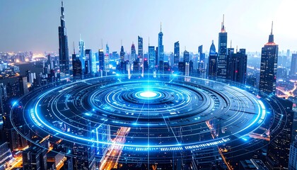 Futuristic cityscape with a glowing blue digital data network overlay.