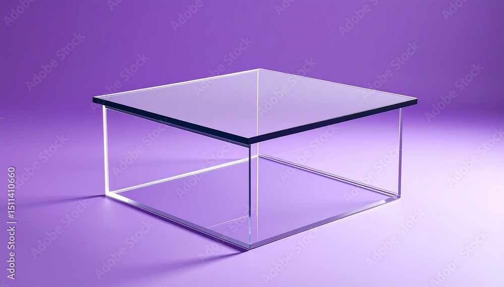 Poster minimalist image of a clear square glass box or table on a vibrant purple background with subtle lig
