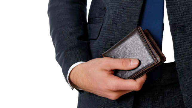 Man in a suit holding a wallet, isolated on a white background.