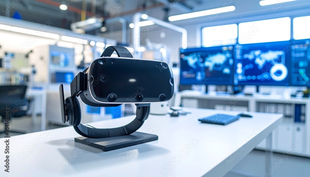 Poster vr headset on desk in modern tech office with large screens displaying data.
