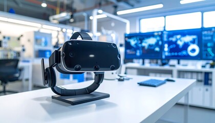 VR headset on desk in modern tech office with large screens displaying data.